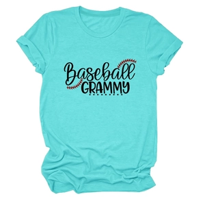 Close-up of Baseball GRAMMY print and red stitching on teal crewneck cotton t-shirt