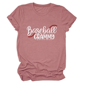 Detail of Baseball GRAMMY print and red stitching on a dusty pink short sleeve T-shirt