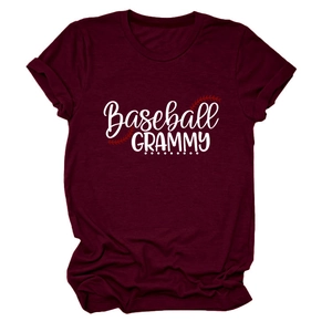 Detail of Baseball Grammy print on maroon short sleeve crew neck cotton t-shirt