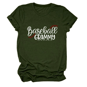 Detail of Baseball GRAMMY print on dark green t-shirt with rolled sleeves and crew neck
