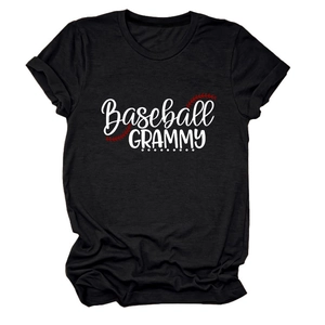 Close-up of Baseball Grammy print with red stitching detail on black cotton T-shirt