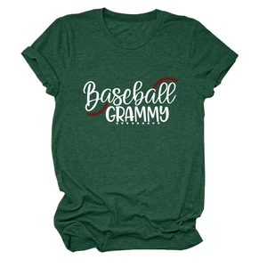 Detail of Baseball Grammy print on heather green crewneck t-shirt fabric texture
