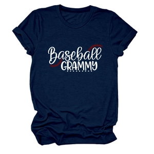 Close-up of navy blue baseball GRAMMY cotton t-shirt with detailed screen print