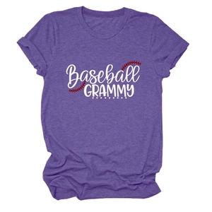 Purple crewneck short sleeve T-shirt with white Baseball Grammy graphic and red stitching