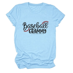 Detail of light blue Baseball Grammy T-shirt with rolled sleeves and graphic print