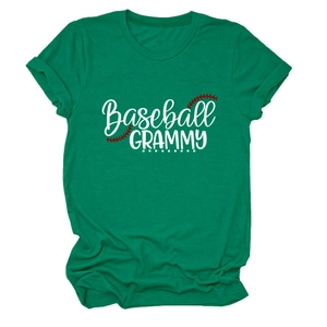Close-up of green crewneck T-shirt with Baseball GRAMMY text and red stitching print