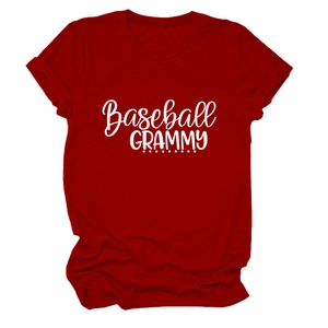 Close-up of red Baseball Grammy t-shirt showing round neck and high-quality cotton fabric