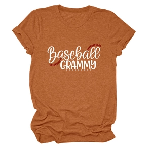 Detail of rolled cuffs and Baseball Grammy print on rust red short sleeve t-shirt