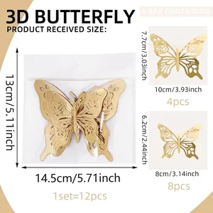 3D hollow rose gold butterfly wall stickers set of 12 for wedding and home decoration