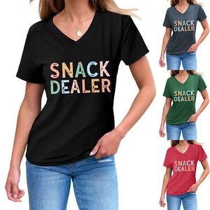 Detail view of colorful Snack Dealer slogan print on a casual V-neck short sleeve T-shirt