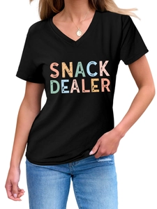 Detail view of snack dealer colorful vintage lettering on black V-neck short sleeve t-shirt