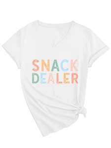Detailed view of Snack Dealer vintage print on white V-neck cotton short sleeve T-shirt