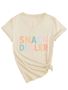 Detail of V-neck T-shirt in beige with Snack Dealer print and trendy front knot design
