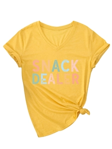 Detail of V-neck ginger T-shirt with SNACK DEALER print and stylish knotted hem design