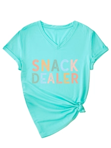 Detail of V-neck light teal t-shirt featuring Snack Dealer print and tied hem design