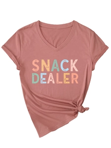 Detail showing the colorful Snack Dealer print and trendy knot detail on the V-neck T-shirt