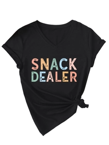 Close-up of black V-neck t-shirt featuring Snack Dealer colorful graphic and side knot