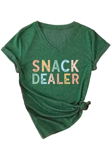 Detail of Snack Dealer graphic on V-neck dark green cotton t-shirt with front knot hem