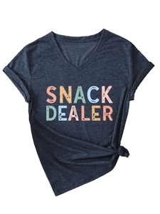 Detail of Snack Dealer graphic on V-neck grey marl tee with stylish knotted hem