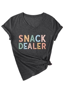 Detail of dark grey V-neck t-shirt featuring Snack Dealer colorful print and side knot