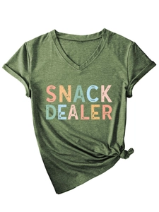 Detail of army green V-neck T-shirt showing colorful Snack Dealer print and front hem knot