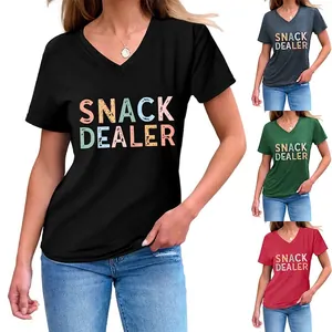 Women Casual V Neck Short Sleeve T-Shirt Snack Dealer Colorful Graphic Letter Print Loose Cotton Blend Summer Trendy Top