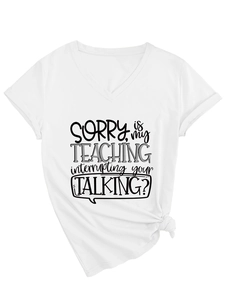 White V-neck cotton T-shirt featuring a black graphic quote and stylish front knot hem detail