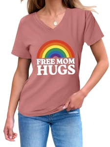 Detailed close-up of V-neck pink t-shirt featuring rainbow and Free Mom Hugs print