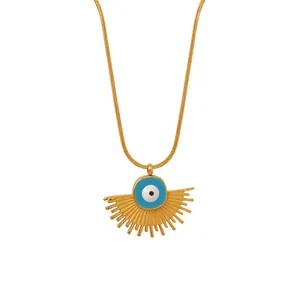 Titanium Steel Evil Eye Pendant Necklace Gold Plated Geometric Fan Sunburst Snake Chain For Women Daily Jewelry Gift