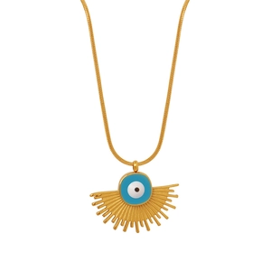 Golden snake chain necklace featuring a geometric evil eye fan-shaped pendant
