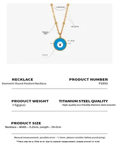 Détails du pendentif œil avec dimensions de la chaîne et spécifications en acier titane doré