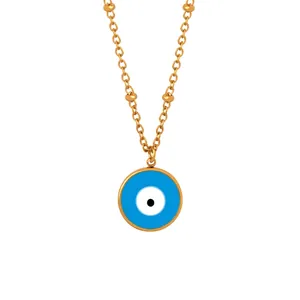 Collier Pendentif Mauvais Œil Acier Titane Plaqué Or Émail Chaîne À Billes Satellite Vintage Rétro Bijoux Femmes