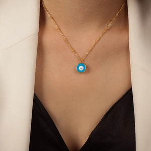 Collier vintage avec pendentif œil maléfique bleu doré et chaîne à petites boules