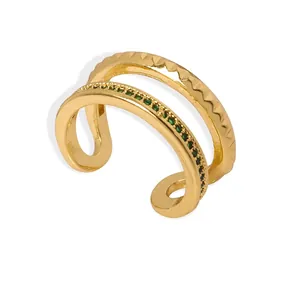 Double Layer Open Ring Copper Czech Diamond Hollow Geometric Adjustable Vintage Elegant Fashion Jewelry For Women