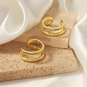 Elegant 18K gold-plated double-layer ear cuffs with colorful zircons on silk background
