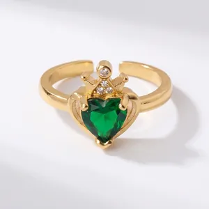 Anello Regolabile Oro Rame Zircone Verde Cuore Corona Gioielli Moda Donna Vintage Elegante