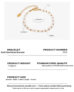 Detail of shell and gold titanium steel beads bracelet with dimensions and clasp