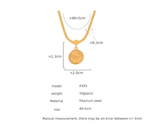 Detail view of gold coin pendant necklace showing dimensions and titanium steel chain