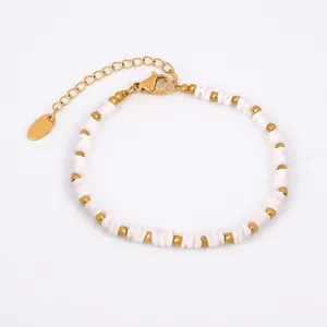 Minimalist White Shell Beaded Bracelet Gold Stainless Steel Round Beads Bohemian Adjustable Jewelry For Women