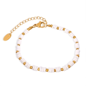 Handmade white shell beads and gold stainless steel ball bracelet with lobster clasp