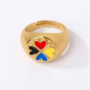 Bague Chevalière Trèfle À Quatre Feuilles Coeur Émail Coloré Plaqué Or Cuivre Ajustable Bijoux De Doigt Pour Femmes Filles