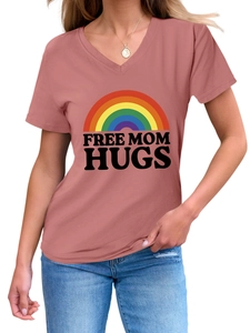 Detail of Free Mom Hugs slogan and rainbow print on V-neck short sleeve tee