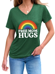 Detail of Free Mom Hugs slogan and rainbow print on deep green V-neck cotton T-shirt
