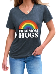 Close-up of Free Mom Hugs rainbow print on dark grey V-neck short sleeve T-shirt