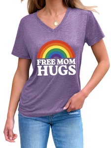 Detailed view of the Free Mom Hugs slogan and rainbow print on purple V-neck T-shirt