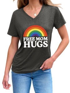 Close-up of Free Mom Hugs rainbow print on dark grey V-neck short sleeve T-shirt