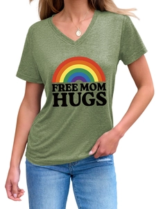 Detail of army green V-neck T-shirt featuring rainbow print and Free Mom Hugs lettering