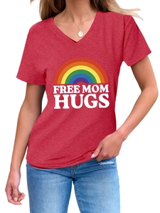 Detail of red V-neck T-shirt with Free Mom Hugs rainbow slogan and soft cotton texture