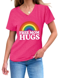 Detail of Free Mom Hugs rainbow print on a rose red V-neck short sleeve T-shirt