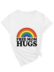 Detail of Free Mom Hugs slogan and rainbow print on white V-neck cotton T-shirt